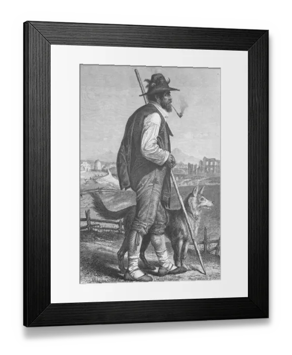 Framed Print : Shepherd with pipe and shepherd's crook and with his shepherd dog from Campania Framed Print : Shepherd with pipe and shepherd's crook and with his shepherd dog from Campania