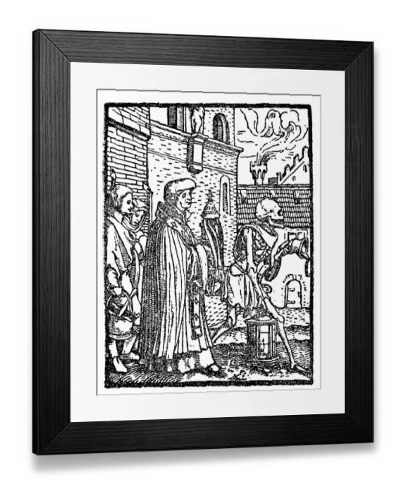 Framed Print : Death as an Artist in Front of the Blessed Sacrament from Hans Holbein Dance of Death Framed Print : Death as an Artist in Front of the Blessed Sacrament from Hans Holbein Dance of Death