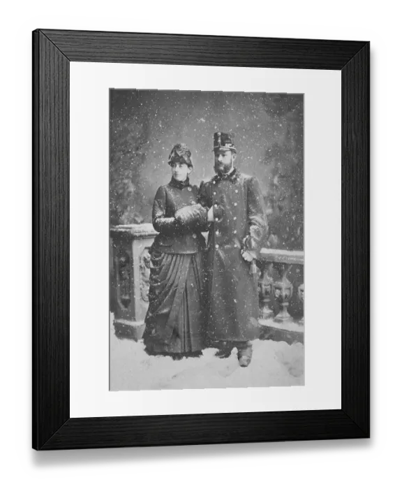 Framed Print : Married couple standing in the snowfall Framed Print : Married couple standing in the snowfall