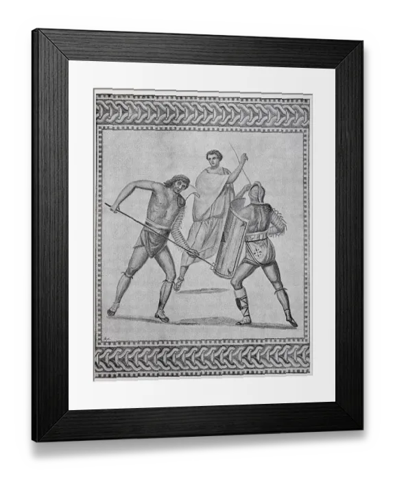 Framed Print : Fight of the gladiators, Retarius fights with the secutor under the supervision of the fencing master
