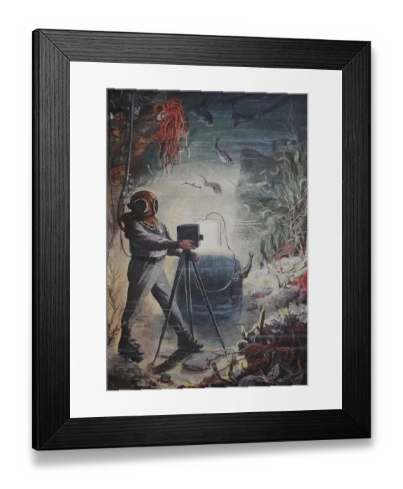 Framed Print : Underwater photographer, diver with a waterproof plate camera on the seabed Framed Print : Underwater photographer, diver with a waterproof plate camera on the seabed