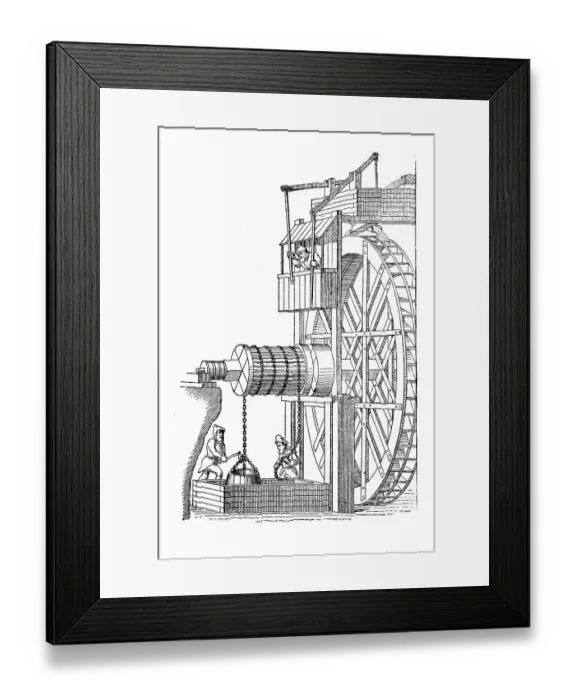 Framed Print : Water hoist machine with sweeper wheel