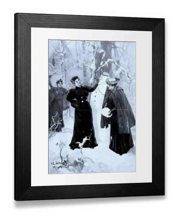 Framed Print : Winter Pleasures, Three Elegant Ladies Building a Snowman