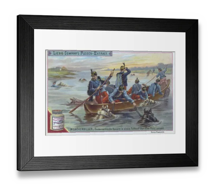 Framed Print : Series of manoeuvre pictures, Austrian hussars in a folding boat set across a river
