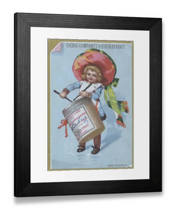 Framed Print : Series of pictures of children as musicians with an instrument from a Liebig box: drummer