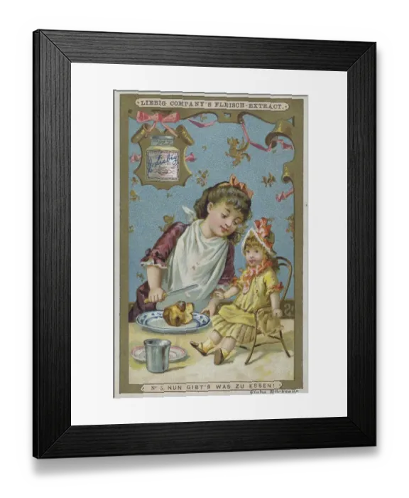 Framed Print : Picture series Girl playing with a doll: Now there is something to eat