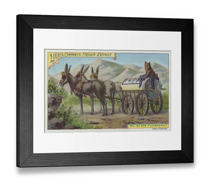 Framed Print : Picture series The search, where is the carter ? Improvised carriage from a Liebig box with donkey as draught animal