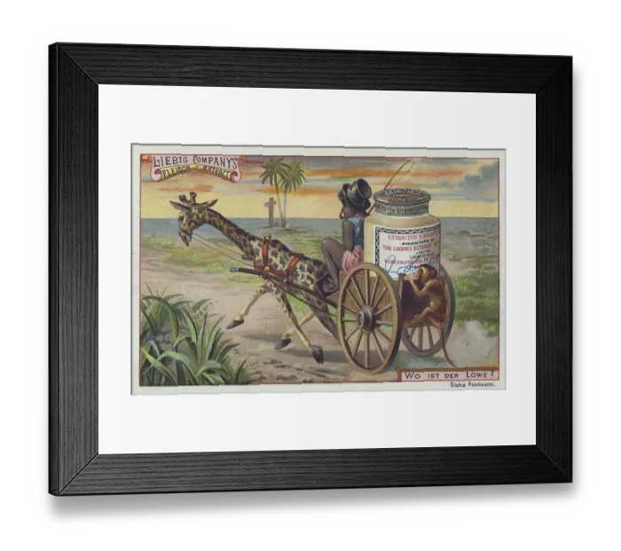 Framed Print : Picture series The search, where is the lion ? Improvised carriage from a Liebig box with giraffe as the draught animal