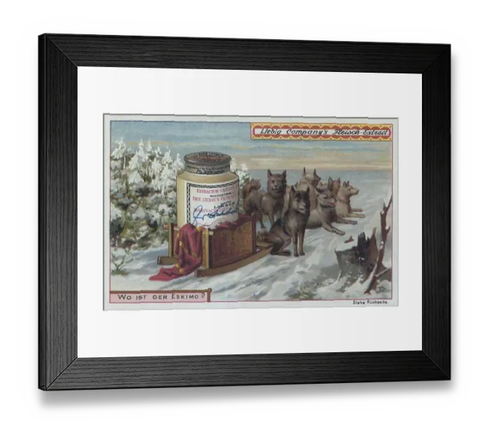 Framed Print : Picture series The search, where is the Eskimo ? Improvised carriage from a Liebig box with dog