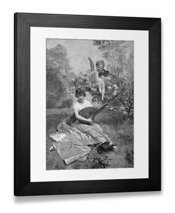 Framed Print : Symbolism for a love song, woman with lute in the garden