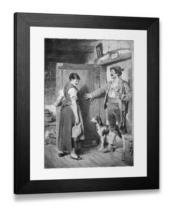 Framed Print : The hunter comes home with a dog and a gun and meets the maid with a wine jug