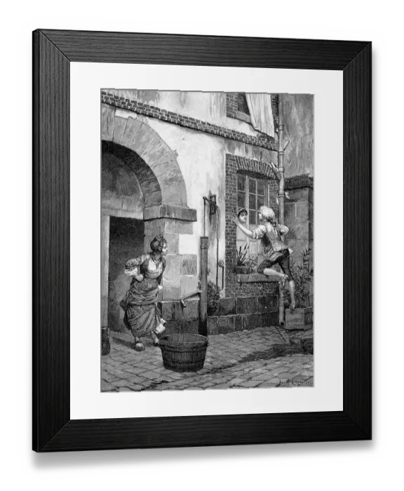 Framed Print : The Interrupted Flirt. Young man flirts with girl in window and is caught by mother Framed Print : The Interrupted Flirt. Young man flirts with girl in window and is caught by mother