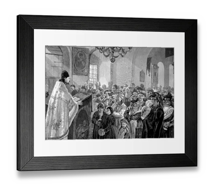 Framed Print : Service in a Russian village church in 1880