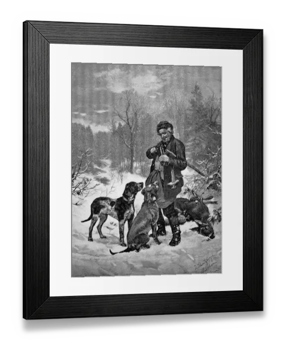 Framed Print : After the hunt in 1880, the hunter rewards the hunting dogs with a piece of sausage
