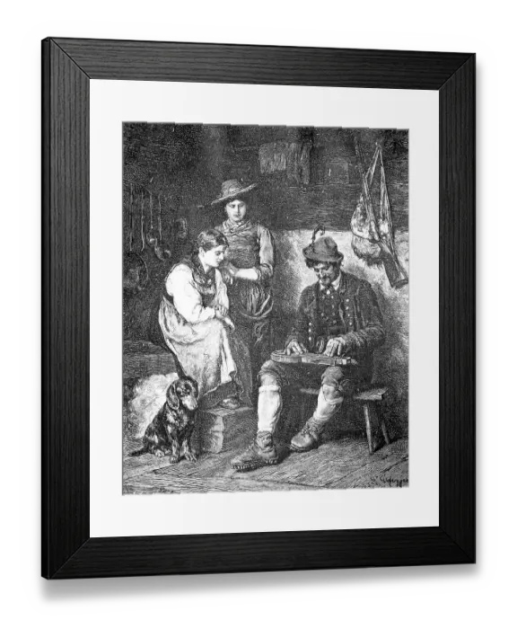 Framed Print : Hunter playing the zither for his wife in an alpine hut