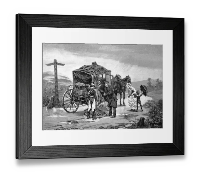 Framed Print : A horse-drawn carriage with a breakdown