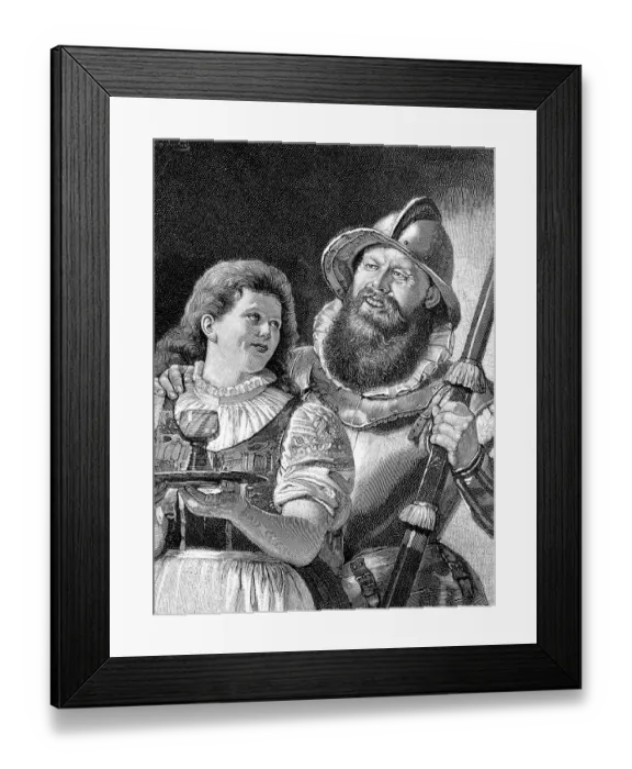 Framed Print : Gallant Landsknecht, trying to flirt with the waitress serving him a glass of wine in an inn
