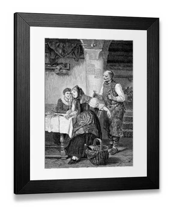 Framed Print : In an inn, the innkeeper served a glass of wine to two young women