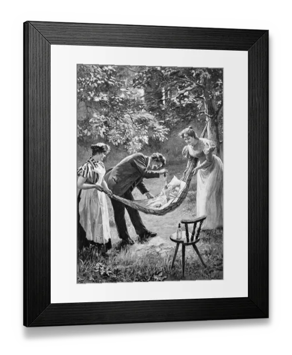 Framed Print : Parents with baby in garden, hammock
