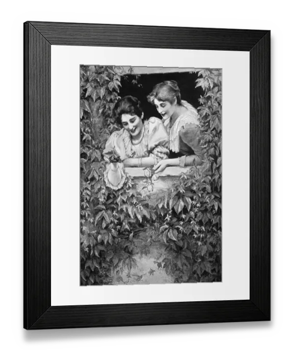 Framed Print : Two women in a window surrounded by a bush looking towards the street