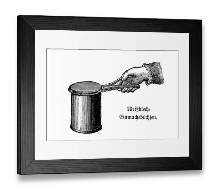 Framed Print : Tinplate preserving jars, historical kitchen utensils