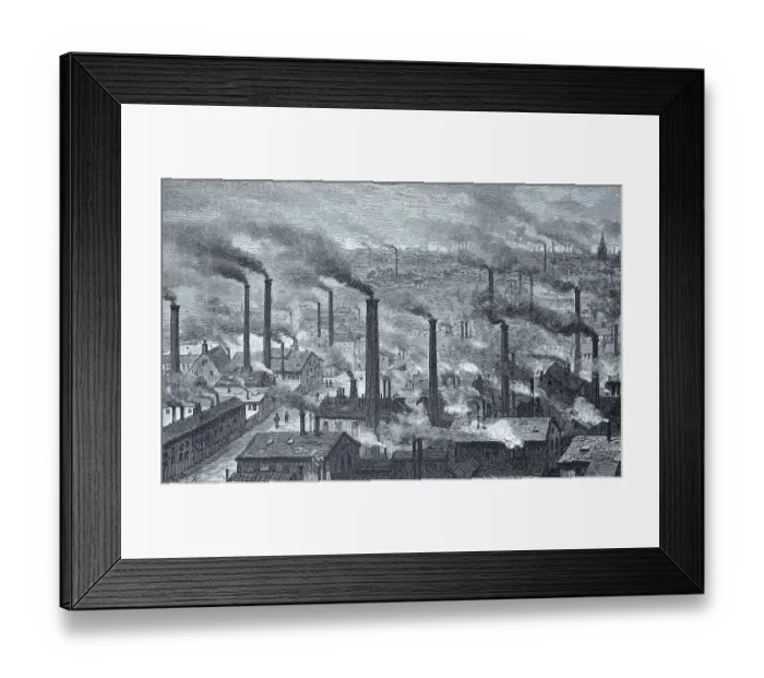 Framed Print : Industrial plants and smoking chimneys in an English factory town in 1870