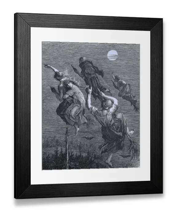 Framed Print : Witches riding a broom through the night Framed Print : Witches riding a broom through the night