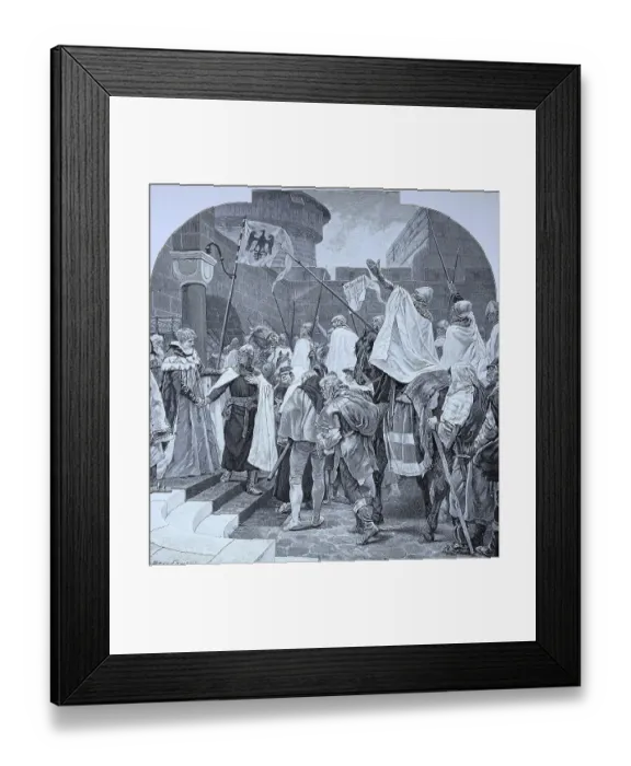 Framed Print : Frederick II being seen off by the Knights of the Teutonic Order in Marburg