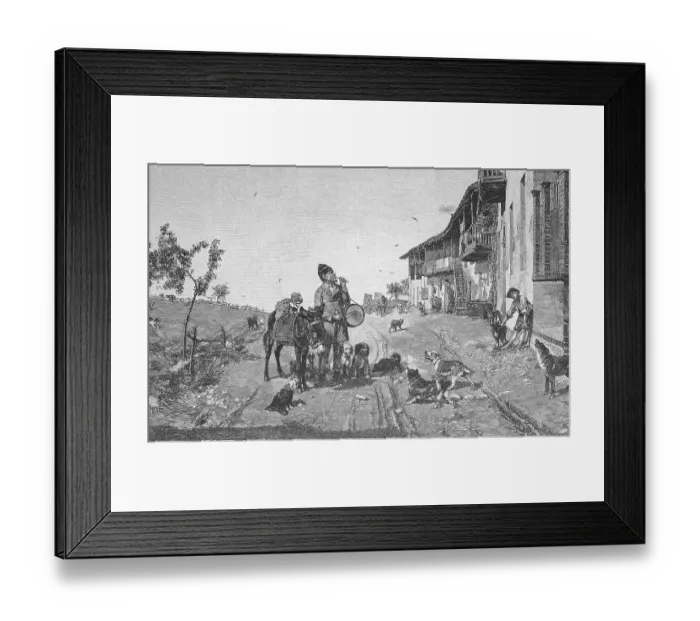 Framed Print : A restless impresario, street artist with donkey and dogs shows tricks in the street