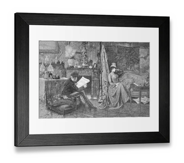 Framed Print : Madame sulks, couple, he reads the newspaper and she sits on the sofa and is offended