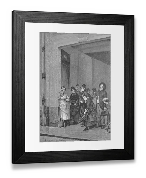 Framed Print : Rainy weather, people standing under a roof waiting for the rain to stop Framed Print : Rainy weather, people standing under a roof waiting for the rain to stop