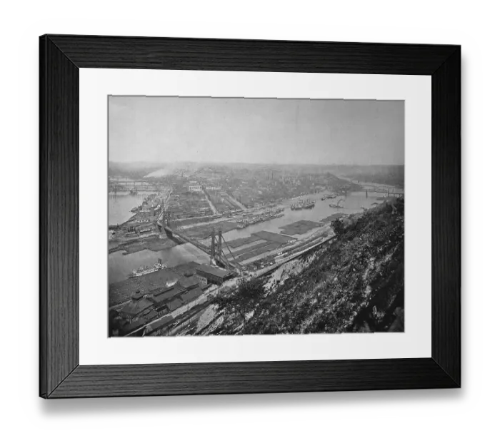 Framed Print : View of the large industrial city of Pittsburgh in the state of Pennsylvania on the Monongahela and Allegheny Rivers