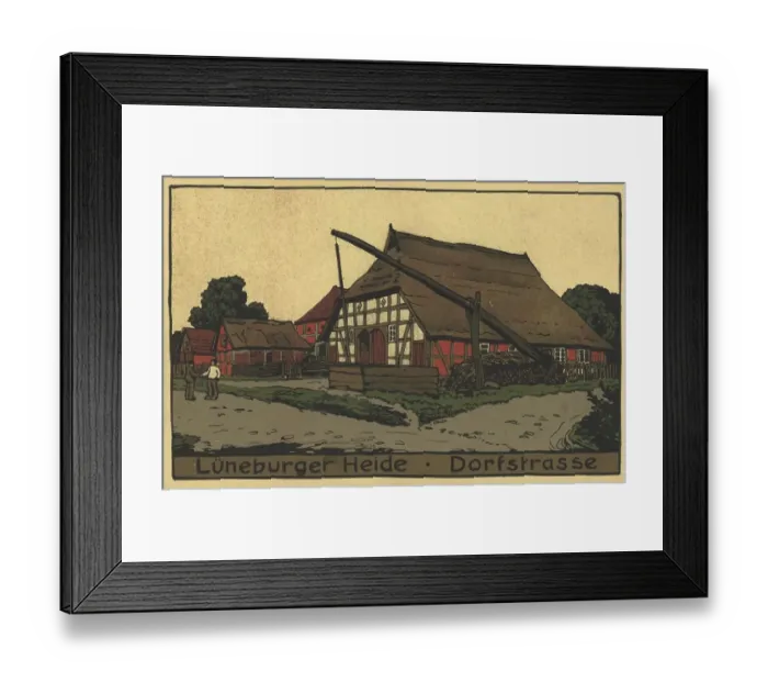 Framed Print : Dorfstrasse in der Lueneburger Heide mit Ziehbrunnen