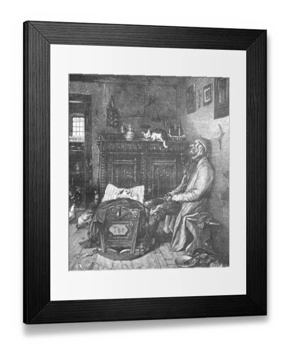 Framed Print : The father fell asleep, next to him baby crying in cradle