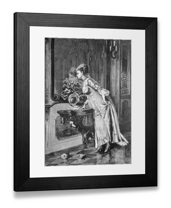 Framed Print : Favorite flower, fine lady smells a bouquet of flowers standing in front of a mirror Framed Print : Favorite flower, fine lady smells a bouquet of flowers standing in front of a mirror