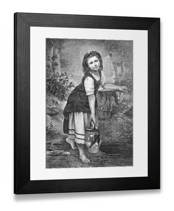 Framed Print : Kleines Maedchen holt mit dem Krug Wasser von der Quelle