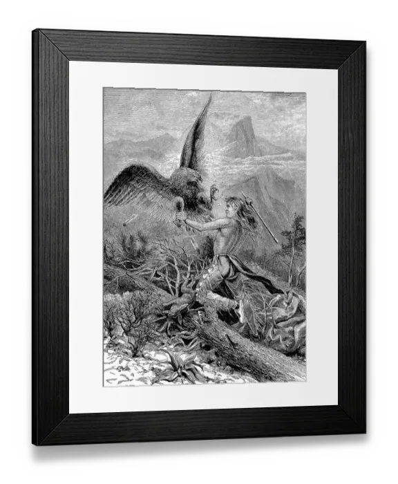 Framed Print : Indian fights with an eagle and strikes the bird with a stick Framed Print : Indian fights with an eagle and strikes the bird with a stick