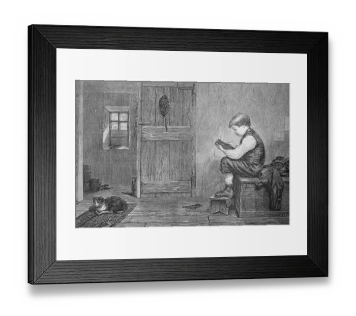 Framed Print : Boy drawing a likeness of his cat on his blackboard