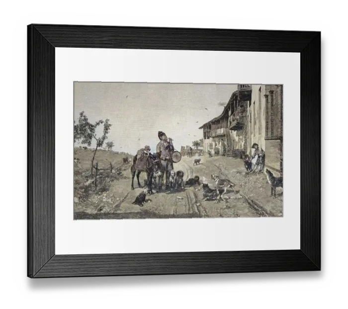 Framed Print : A restless impresario, street artist with donkey and dogs shows tricks in the street Framed Print : A restless impresario, street artist with donkey and dogs shows tricks in the street