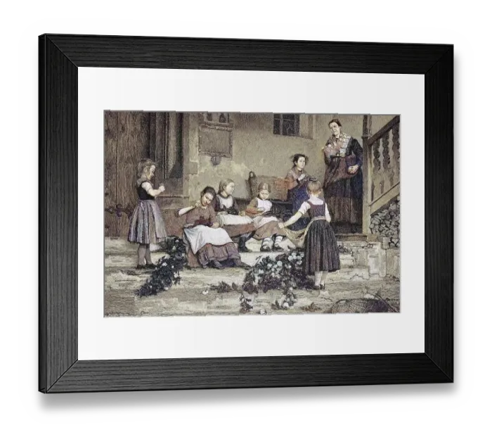 Framed Print : Preparations for the festival, children tying flower garlands