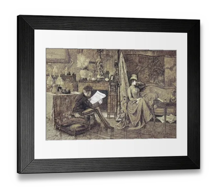 Framed Print : Madame Sulking, Couple, He is Reading the Newspaper and She is Sitting on the Sofa and is Offended