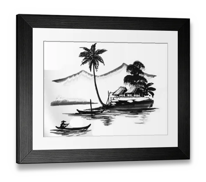 Framed Print : Fisherman with boats, hut, Historical landscape in Southeast Asia