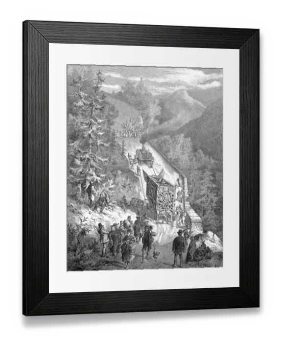 Framed Print : Historical illustration showing the transport of the parts of a large cross on a mountain pass in the Bavarian Alps Framed Print : Historical illustration showing the transport of the parts of a large cross on a mountain pass in the Bavarian Alps