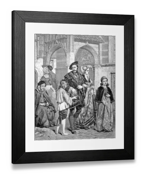 Framed Print : Noble people come out of church and give alms to the poor