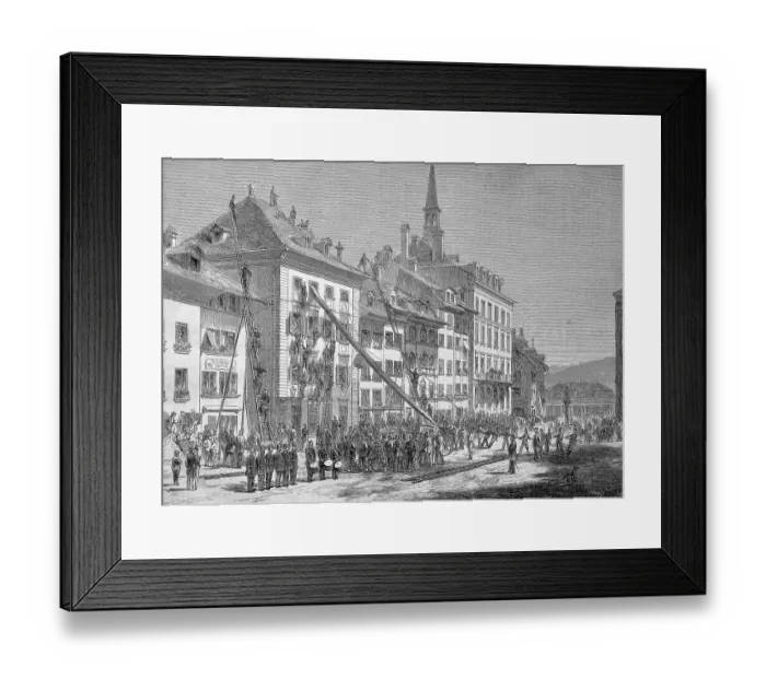 Framed Print : The fire brigade of the city of Bern in Switzerland during an exercise