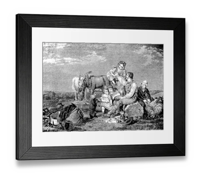 Framed Print : American peasant family having breakfast break in the field Framed Print : American peasant family having breakfast break in the field