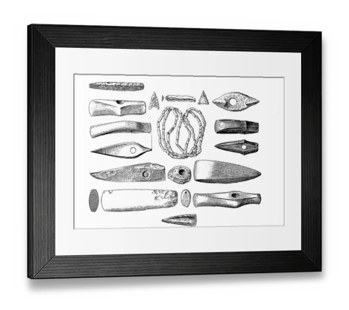 Framed Print : Weapons, jewellery and utensils from the Stone Age