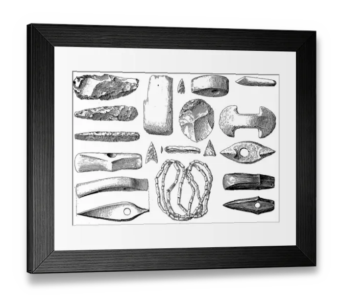 Framed Print : Weapons, jewellery and utensils from the Stone Age