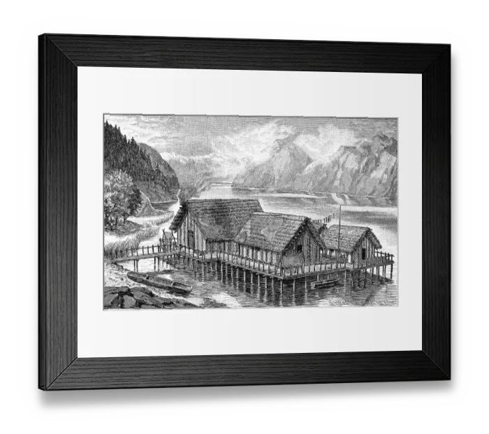 Framed Print : Reconstruction of a pile dwelling settlement Framed Print : Reconstruction of a pile dwelling settlement