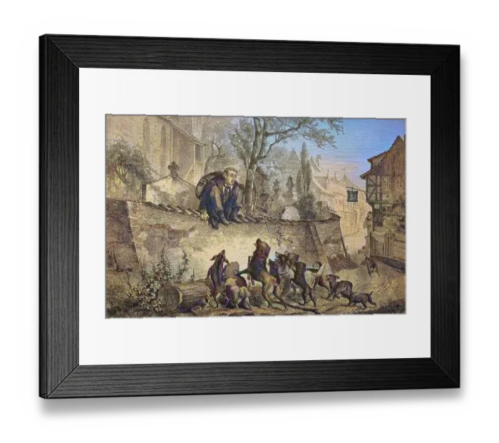 Framed Print : Man is afraid of dogs, historical wood engraving Framed Print : Man is afraid of dogs, historical wood engraving